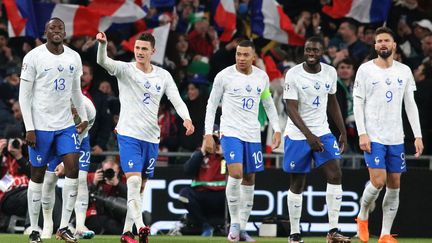 La joie des Français sur le but de Benjamin Pavard lors d'Irlande-France, le 27 mars 2023. (PAUL FAITH / AFP)