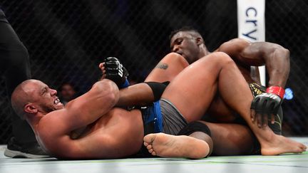 Le Français Ciryl Gane effectue une clé de talon sur le Camerounais Francis Ngannou, lors du combat pour le titre mondial UFC des poids lourds, samedi 22 janvier à&nbsp; Anaheim (Californie).&nbsp; (FREDERIC J. BROWN / AFP)