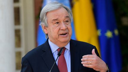 Antonio Guterres, secrétaire général des Nations unies, lors d'une conférence de presse à Madrid (Espagne), le 2 juillet 2021. (JAVIER SORIANO / AFP)