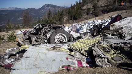 Une photo des d&eacute;bris de l'A320 de la Germanwings qui s'est &eacute;cras&eacute; dans les&nbsp;Alpes-de-Haute-Provence, prise&nbsp;le 13 avril 2015. (YVES MALENFER / MINISTERE DE L'INTERIEUR / AFP)