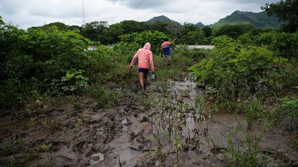 La "caravane" n'est pas homogène. Certains migrants honduriens&nbsp;ont choisi de traverser&nbsp;une rivière, comme à Goascoran le 18 octobre 2018, pour atteindre le Salvador avant de rejoindre le Guatemala. (MARVIN RECINOS / AFP)