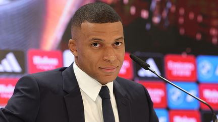 Kylian Mbappé during his presentation conference at Real Madrid, July 31, 2024. (PIERRE-PHILIPPE MARCOU / AFP)