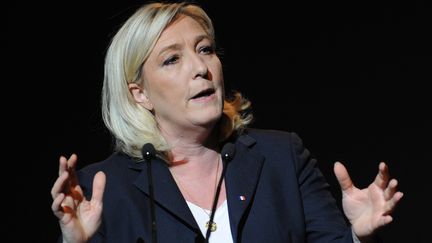 Marine Le Pen, pr&eacute;sidente du Front national, lors d'un meeting &agrave; B&eacute;ziers (H&eacute;rault), le 9 mai 2014. (SYLVAIN THOMAS / AFP)