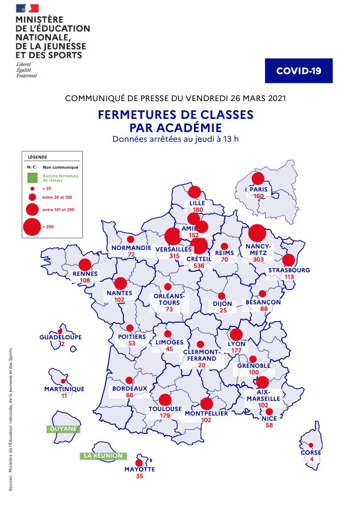 Les fermetures de classe par académie, selon une carte fournie par le ministère de l'Education nationale le 26 mars 2021. (MINISTERE DE L'EDUCATION NATIONALE)