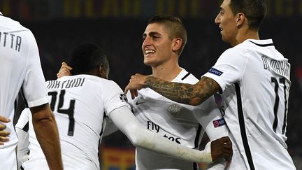 Les joueurs du PSG, Blaise Matuidi, Marco Verratti et Angel Di Maria. (FRANCK FIFE / AFP)