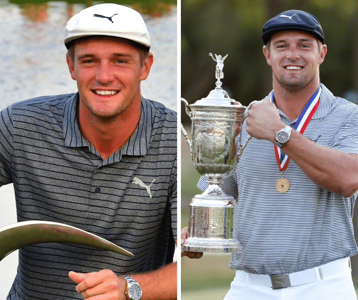 Avant/après : Dechambeau à gauche en 2019 et à droite lors de sa victoire à l'US Open. 