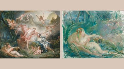 À gauche, François Boucher (1703-1770), "Apollon révélant sa divinité à la bergère Issé", 1750, Tours, musée des Beaux-Arts – À droite, Berthe Morisot (1841-1895), d’après François Boucher, "Apollon révélant sa divinité à la bergère Issé", 1892, Paris, musée Marmottan Monet. (MUSEE DES BEAUX-ARTS DE TOURS / D. COUINEAU / MUSEE MARMOTTAN MONET / STUDIO CHRISTIAN BARAJA SLB)