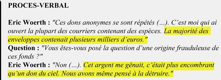 Extrait du procès-verbal d'Eric Woerth. (DOCUMENT RADIO FRANCE)