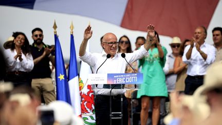 Éric Ciotti, président des Républicains et fondateur du nouveau parti UDR (Union des droites pour la République), le 31 août 2024 à Levens (Alpes-Maritimes). (VALERY HACHE / AFP)