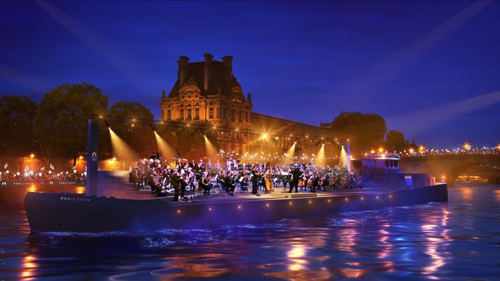 Un orchestre symphonique sur la Seine imaginé&nbsp;pour la cérémonie d'ouverture des Jeux olympiques de Paris 2024. (Paris 2024 / Florian Hulleu)