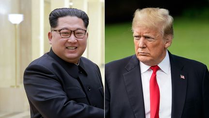 Assemblage de deux photos, créé le 24 mai 2018. A gauche, le dirigeant nord-coréen Kim Jong-un, le 3 mai 2018 dans un lieu non précisé ; à droite, le président américain Donald Trump, le 23 mai 2018 à Washington.&nbsp; (AFP)