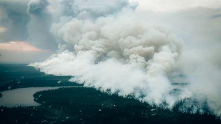 Un feu de forêt dans la province du Quebec au Canada, le 14 juillet 2023. (ANTHONY ROLLAND / SOCIETE DE PROTECTION DES FORETS via AFP)