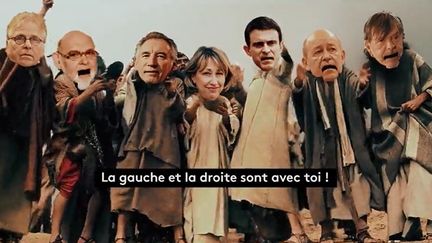 Un montage humoristique se sert des images du célèbre film parodique sur le Christ "Monty Python : La Vie de Brian" pour illustrer l'engouement envers Emmanuel Macron. (FRANCE INFO TV)