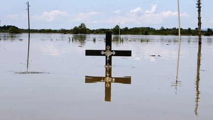 &nbsp; (La croix du cimetière inondé de ville serbe de Vojskova © Reuters-Srdjan Zivulovic)