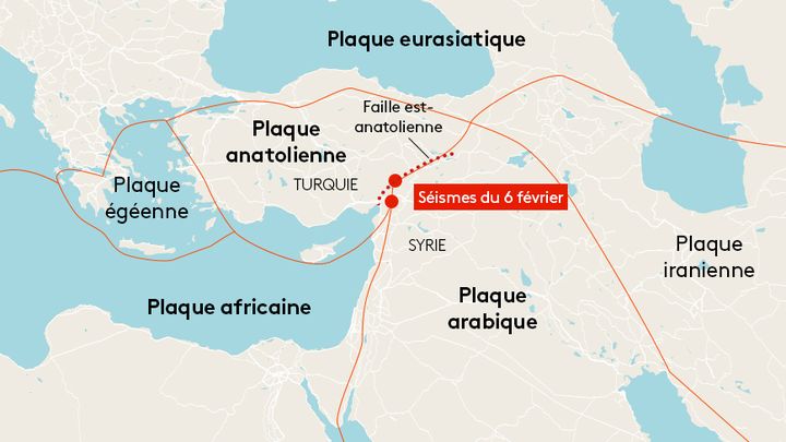 Plaques tectonniques dans la région du séisme en Turquie et en Syrie, le 6 février 2023. (FRANCEINFO)