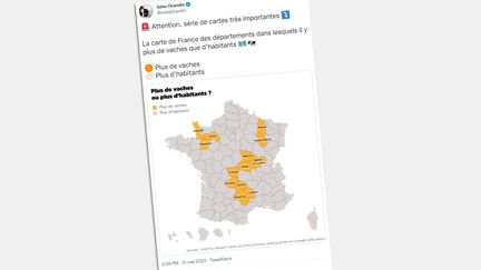 Le cartographe Jules Grandin a répertorié les départements qui comptent plus de vaches que d'habitants.&nbsp; (CAPTURE D'ECRAN TWITTER)