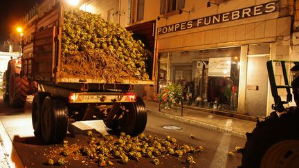 Des agriculteurs bretons d&eacute;versent des artichauts dans les rues de Morlaix (Finist&egrave;re) pour protester contre les contraintes administratives et fiscales qui p&egrave;sent sur eux, le 19 septembre 2014. (CITIZENSIDE / ARZHEL FLEOUTER / AFP)