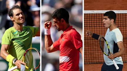 Rafael Nadal, Novak Djokovic et Carlos Alcaraz, à Roland-Garros en mai 2022. (Christophe ARCHAMBAULT / AFP JEAN CATUFFE / DPPI VIA AFP)