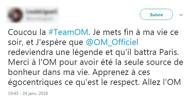 Capture d'écran du tweet du supporter de l'OM. (TWITTER)