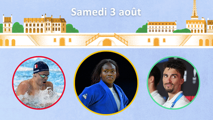 Léon Marchand et le relais français, Clarisse Agbégénou et l'équipe mixte de judo, Julian Alaphilippe et l'équipe de France de cyclisme en lice, samedi 3 août, aux Jeux olympiques de Paris 2024. (Margaux Moroch / AFP)