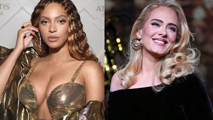 A gauche, l'Américaine Beyoncé à Dubaï (Emirats Arabes Unis) le 21 janvier 2023, à droite la Britannique Adele le 18 novembre 2022 à Las Vegas (Etats-Unis). (MASON POOLE ET KEVIN MAZUR / GETTY IMAGES)