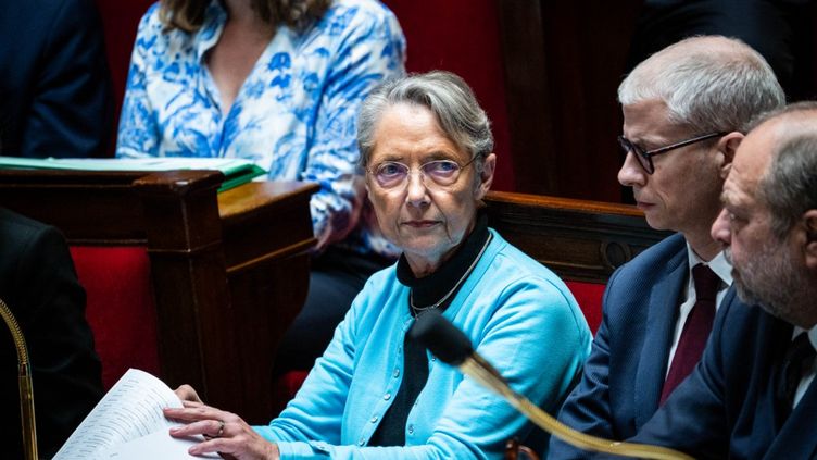 Élisabeth Borne, in the hemicycle of the National Assembly, May 9, 2023. (XOSE BOUZAS / HANS LUCAS)