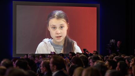 Greta Thunberg, lors d'une intervention au Forum économique mondial,&nbsp;le 21 janvier 2020, à Davos (Suisse). (FABRICE COFFRINI / AFP)