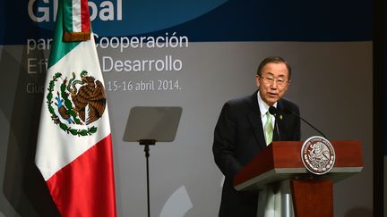 Le secr&eacute;taire g&eacute;n&eacute;ral de l'ONU Ban Ki-Moon, le 15 avril 2014 &agrave; Mexico (Mexique). (RONALDO SCHEMIDT / AFP)