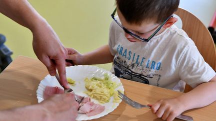 Un enfant mange à la cantine. Photo d'illustration. (JEAN-PIERRE AMET / MAXPPP)