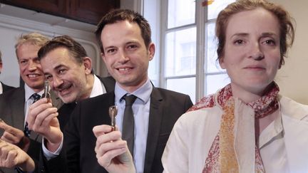 Les candidats de la primaire de l'UMP qui s'ouvre vendredi 31 mai 2013, De gauche &agrave; droite,&nbsp;Franck Margain, Jean-Fran&ccedil;ois Legaret, Pierre-Yves Bournazel et Nathalie Kosciusko-Morizet. (JACQUES DEMARTHON / AFP)