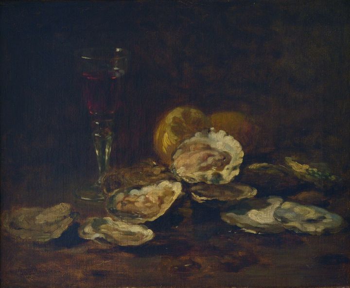 Nature morte aux huîtres et au verre de vin, Philippe Rousseau. 19e siècle, Huile sur toile 38 x 46 cm, MNR 636 / P411 Dépôt de l'Etat, 1953
 (Musée de Valence, photo Eric Caillet)