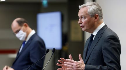 Bruno Le Maire, ministre de l'Economie et des Finances, lors de la conférence de presse sur les nouvelles mesures contre le Covid-19 à Paris, le 14 janvier 2021. (THOMAS COEX / POOL)