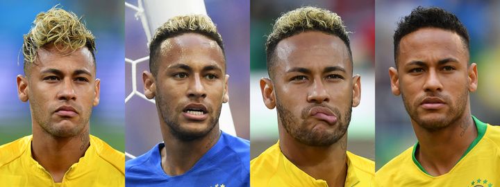 L'évolution capillaire de Neymar entre le premier match du Brésil contre la Suisse, le 17 juin 2018 (à gauche), et le dernier en date contre le Mexique, le 2 juillet 2018 (à droite). (JOE KLAMAR / GABRIEL BOUYS / YURI CORTEZ / EMMANUEL DUNAND / AFP)