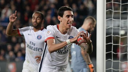 L'attaquant du PSG, Angel Di Maria, après son but contre Rennes, vendredi 30 octobre au Roazhon Park de Rennes (Ille-et-Vilaine). (JEAN-SEBASTIEN EVRARD / AFP)