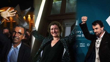 Pierre Hurmic, Jeanne Barseghian et&nbsp;Gregory Doucet, candidats écolos victorieux aux élections municipales à Bordeaux, Strasbourg et Lyon (NICOLAS TUCAT - JEFF PACHOUD - PATRICK HERTZOG / AFP)