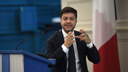 Benoît Payan lors d'une conférence à Marseille (France) le 24 septembre 2020. Il assure alors l'intérim de Michèle Rubirola. (CHRISTOPHE SIMON / AFP)