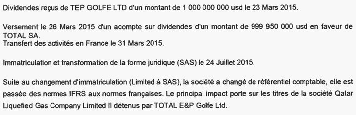 Extrait des comptes 2015 de Total E&amp;P Golfe Holding. (DR)