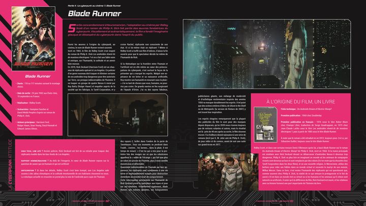 Double page consacrée au film "Blade Runner" (1982) de Rydley Scott dans&nbsp;"Cyberpunk - Histoire(s) d'un futur imminent" de&nbsp;Stéphanie Chaptal, Jean Zeid et Sylvain Nawrocki. (Editions Ynnis)