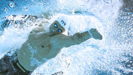 Florent Manaudou lors de sa finale du 50 mètres nage libre, le dimanche 1er août à Tokyo.&nbsp; (FRANCOIS-XAVIER MARIT / AFP)