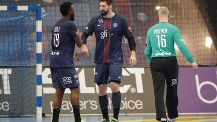 Les internationaux français du PSG, Luc Abalo, Nikola Karabatic et Thierry Omeyer, satisfaits (STEPHANE ALLAMAN / STEPHANE ALLAMAN)