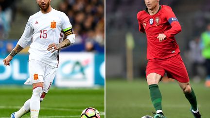 Sergio Ramos face à Cristiano Ronaldo, coéquipiers au Real Madrid mais capitaines de leur sélection respective pour le choc du 1er tour du Mondial 2018 (FRANCK FIFE,FABRICE COFFRINI / AFP)