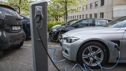 Des voitures électriques sont en cours de charge dans une rue d'Oslo, en Norvège, le 30 avril 2019. (JONATHAN NACKSTRAND / AFP)