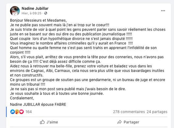 Capture d'écran Facebook d'un message posté par la belle-mère de Delphine Jubillar. (FACEBOOK)