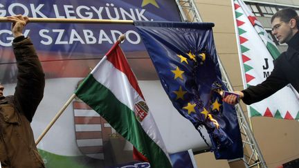 Des militants du parti d'extr&ecirc;me-droite hongrois Jobbik br&ucirc;lent un drapeau europ&eacute;en, le 14 janvier 2012 &agrave; Budapest.&nbsp; (FERENC ISZA / AFP)