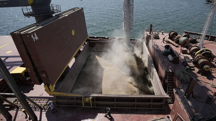 Une cargaison de grain dans le port roumain de Constanta, le 21 juin 2022. Le site est devenu l'un des principaux hubs d'exportation de céréales ukrainiennes. (VADIM GHIRDA / AP / SIPA)