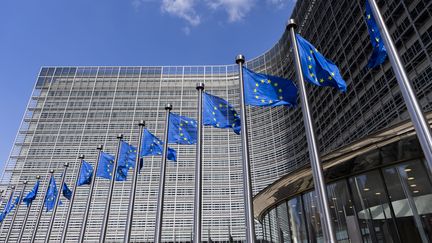 Des drapeaux européens à l'entrée du siège de la Commission européenne, à Bruxelles, le 19 mai 2023. (VINCENT ISORE / MAXPPP)