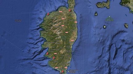 Une dizaine d'attentas ont eu lieu, vendredi 7 d&eacute;cembre en Corse.&nbsp; (CAPTURE D'ECRAN GOOGLE EARTH / FRANCETV INFO)