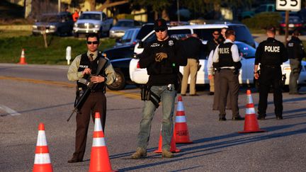 Des policiers bloquent la route qui m&egrave;ne au chalet dans lequel Christopher Dorner s'est barricad&eacute;, &agrave; Big Bear pr&egrave;s de Los Angeles (Californie, Etats-Unis), le 12 f&eacute;vrier 2013. (KEVORK DJANSEZIAN / GETTY IMAGES NORTH AMERICA / AFP)