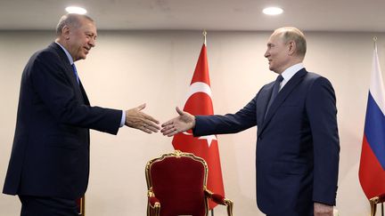 Le président turc Recep Tayyip Erdogan serrant la main du président russe Vladimir Poutine lors d'une réunion dans le cadre du sommet trilatéral d'Astana, dans la salle de conférence internationale de Téhéran, le 19 juillet 2022. (MUSTAFA KAMACI / TURKISH PRESIDENTIAL PRESS SERVICE / AFP)