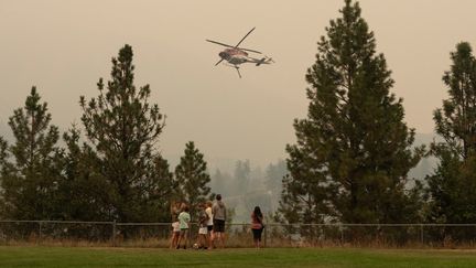 Un hélicoptère recueille l'eau du lac Shannon pour lutter contre les incendies à West Kelowna (Colombie-Britannique), au Canada, le 19 août 2023. (PAIGE TAYLOR WHITE / AFP)